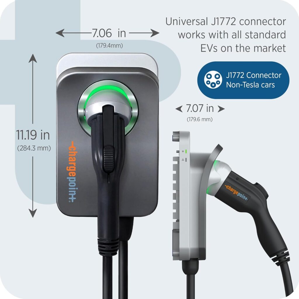 ChargePoint Home Flex EV charger with listed features such as weatherproof, 50A support, and 23 ft cable
