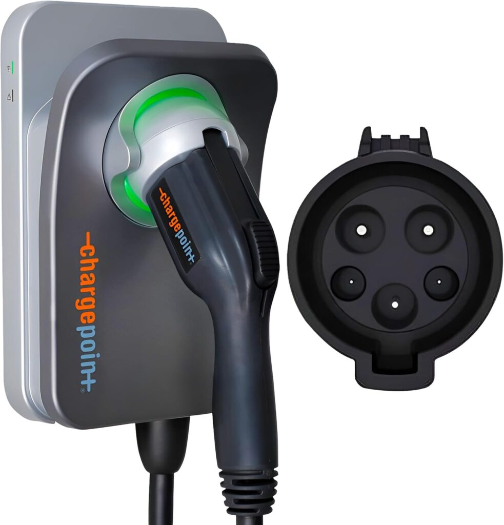 Front and side dimensions of ChargePoint HomeFlex EV charger with universal J1772 compatibility