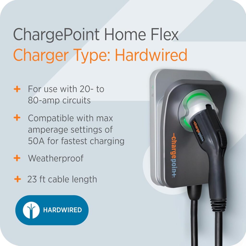 ChargePoint Home Flex EV charger with listed features such as weatherproof, 50A support, and 23 ft cable