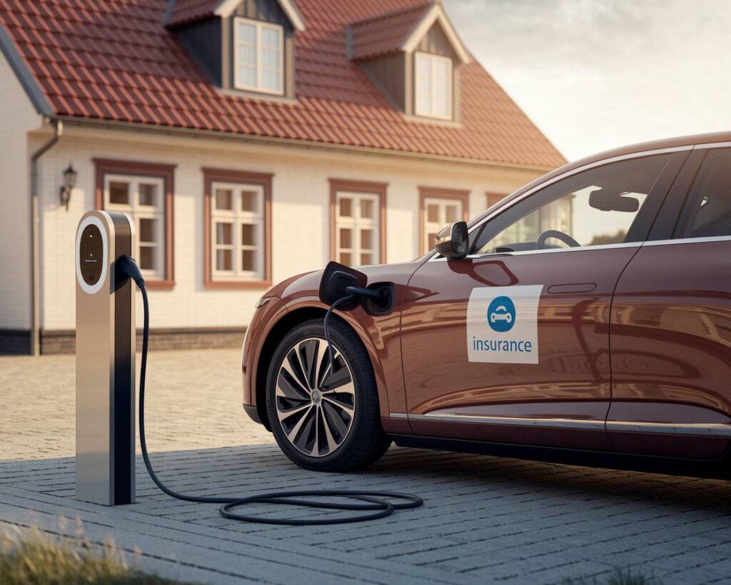Elbil foran dansk hus med oplader og ikon for bilforsikring