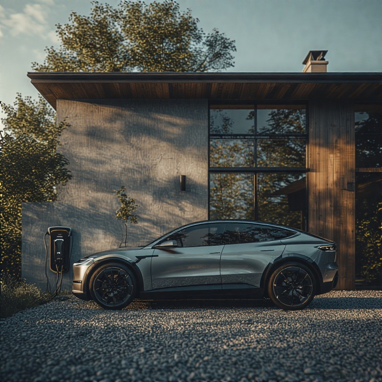 Elbil hjemmeladning med vægmonteret EV-lader ved moderne skandinavisk hus i dagslys – en fremtidssikret og bæredygtig løsning