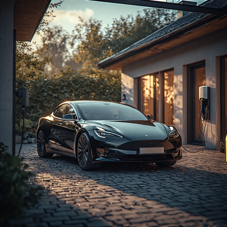 Tesla ladeboks forbundet med solcelleanlæg på skandinavisk hus – miljøvenlig hjemmeladning med intelligent energistyring.