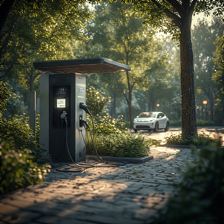 Clever DC lynladestation ved motorvejen med elbiler under opladning