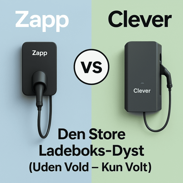 Grafisk oversigt der viser Zapp og Clever ladeløsninger, ladebokse og key features til EV-opladning i Danmark