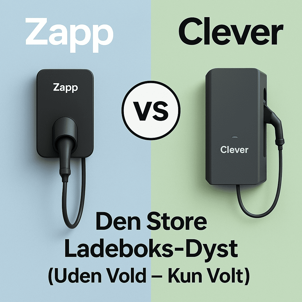 Grafisk oversigt der viser Zapp og Clever ladeløsninger, ladebokse og key features til EV-opladning i Danmark