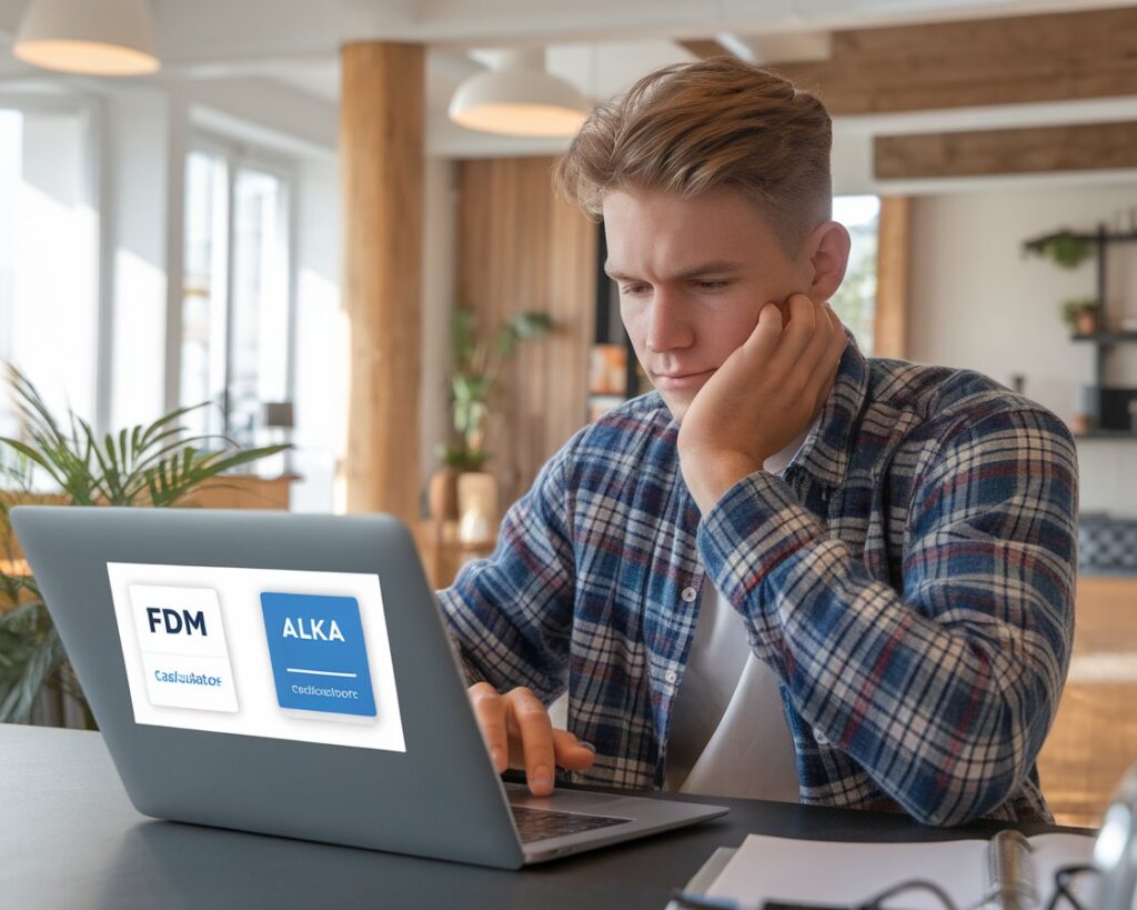 Ung bilist beregner bilforsikring hos FDM og Alka på computer

