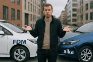 "En dansk mand står midt mellem to elektriske biler, én med 'FDM'-logo og én med 'Alka'-logo. Han ser forvirret ud, med hænderne løftet i en spørgende gestus. Ingen tekst, kun de to brandnavne synlige på bilerne. Baggrunden viser en typisk dansk byscene med moderne bygninger og blødt dagslys.