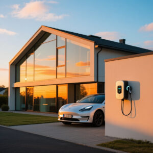 EV opladningsløsning installeret ved dansk hjem med elbil parkeret udenfor
