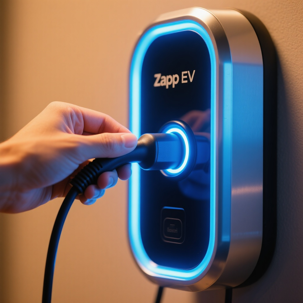 Hånd tilslutter kabel til Zapp EV-lader med lysende LED-indikatorer