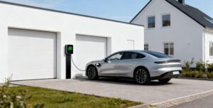 Ladeboks pris i Danmark vist ved hjemmeladning af elbil ved moderne bolig