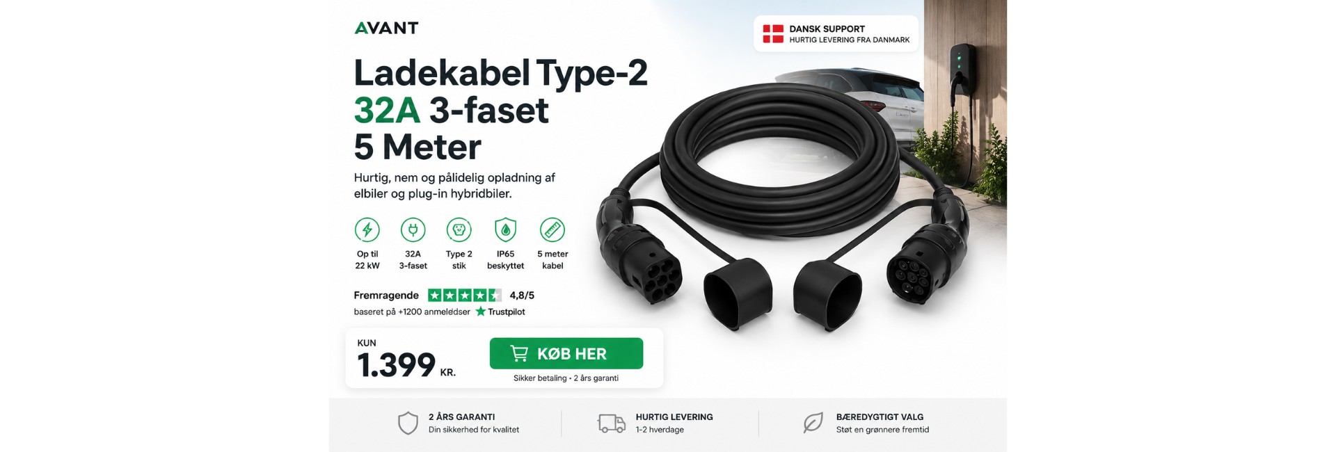 AVANT Type-2 ladekabel til elbil – 32A 3-faset, 22 kW, 5 meter