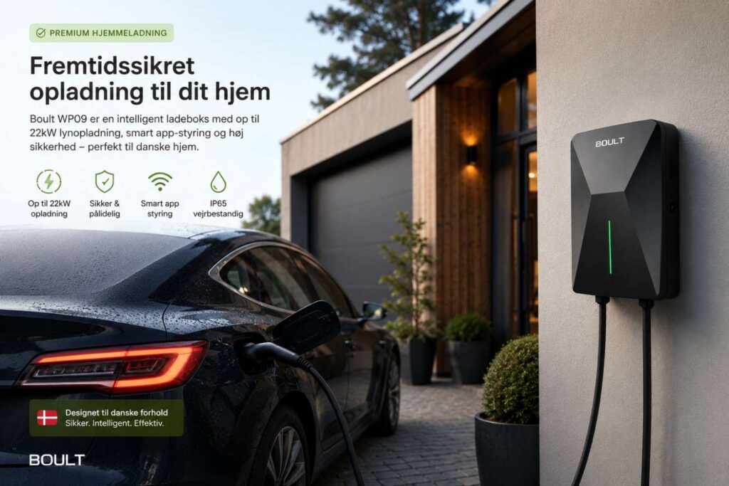 alt="Boult WP09 ladeboks installeret ved moderne dansk hjem med elbil under opladning"