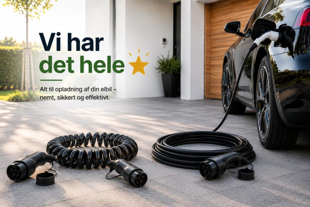 Spiral og almindeligt Type 2 ladekabel til elbil foran moderne dansk bolig med elbil under hjemmeladning.