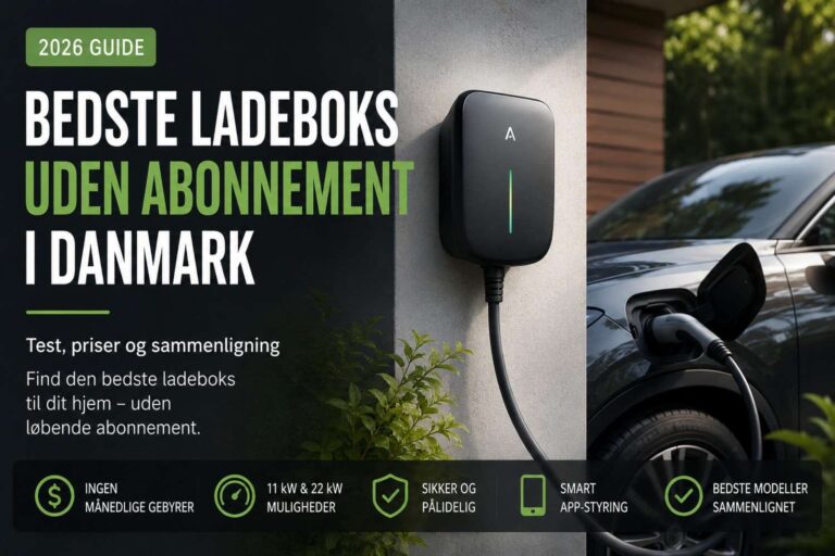 Bedste ladeboks uden abonnement i Danmark 2026 – moderne elbil oplades ved dansk hjem med smart ladeboks, sammenligning af priser, funktioner og hjemmeladning uden månedlige gebyrer.