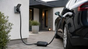 Mormorlader til elbil tilsluttet almindelig 230 V stikkontakt ved moderne dansk bolig, der viser sikker opladning med transportabel Type 2 oplader i 2026.
