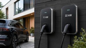 11 kW vs 22 kW ladeboks sammenligning ved moderne dansk hjem med elbil, der viser forskellen mellem de to opladningsløsninger til hjemmeladning i 2026.