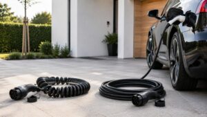 Spiral ladekabel til elbil sammenlignet med almindeligt Type 2 ladekabel ved moderne dansk bolig, der viser forskellen mellem de to opladningsløsninger i 2026.