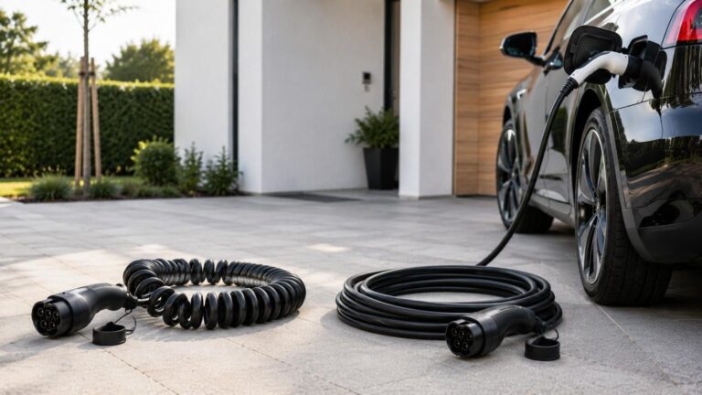 Spiral ladekabel til elbil sammenlignet med almindeligt Type 2 ladekabel ved moderne dansk bolig, der viser forskellen mellem de to opladningsløsninger i 2026.